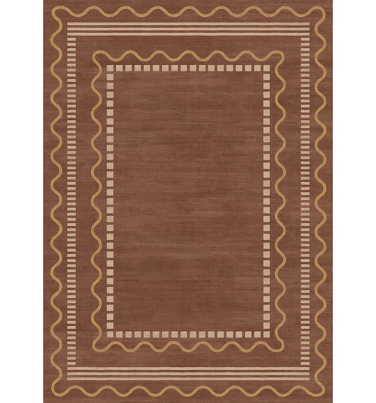 8x10 Washable Area Rug for Living Room, Modern Boho Scalloped Border Rug with Dashed Geometric Frame, Soft Foldable Carpet for Bedroom Dining Room, Brown & Cream