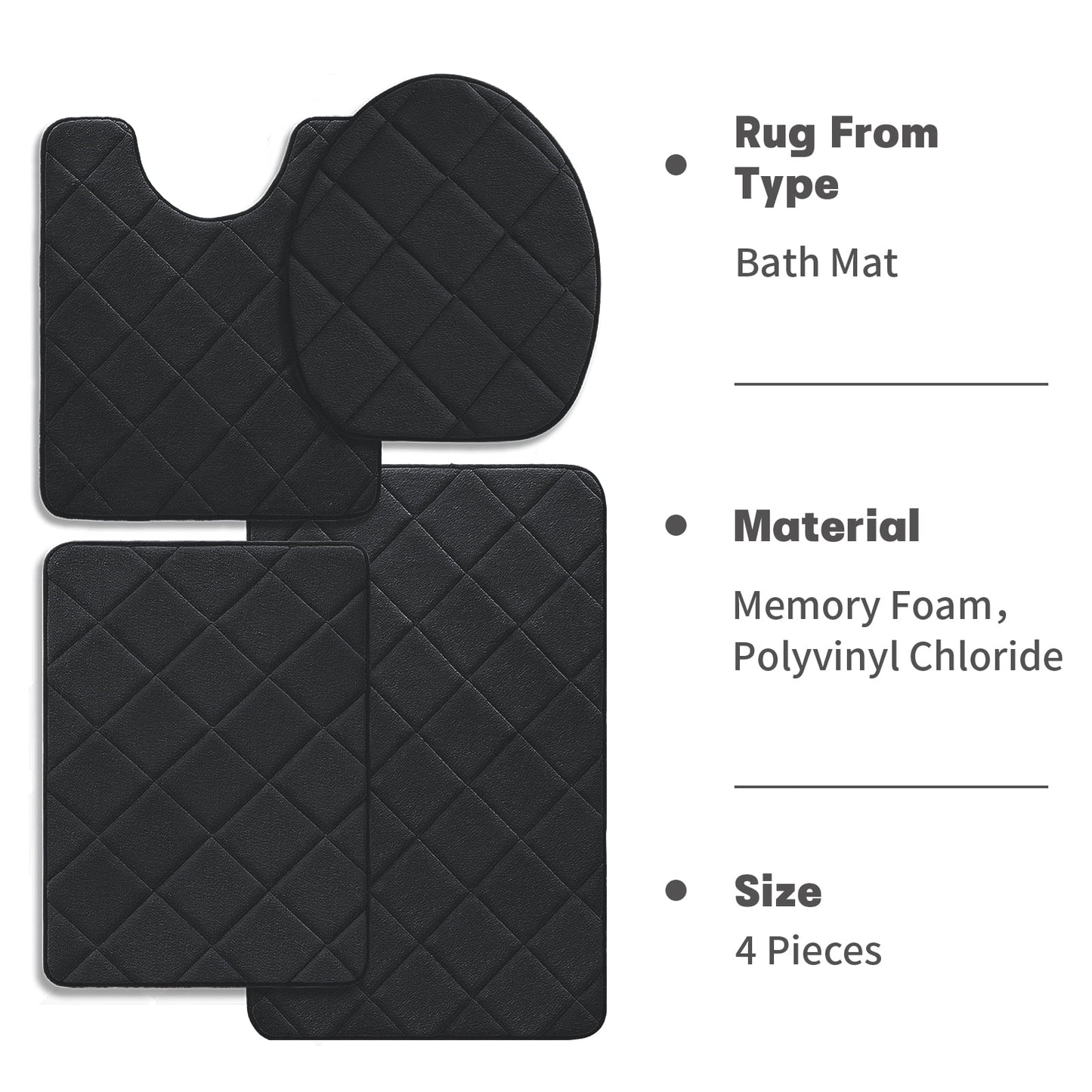 CHAKME 4pcs Bathroom Rugs Set with U-Shaped Mat, Non Slip, Quick Drying, Ultra Soft and Water Absorbent Bath Rug Mat Carpet Machine Washable 20inx32in+17inx24in+U 20inx24in+15inx18in BLACK