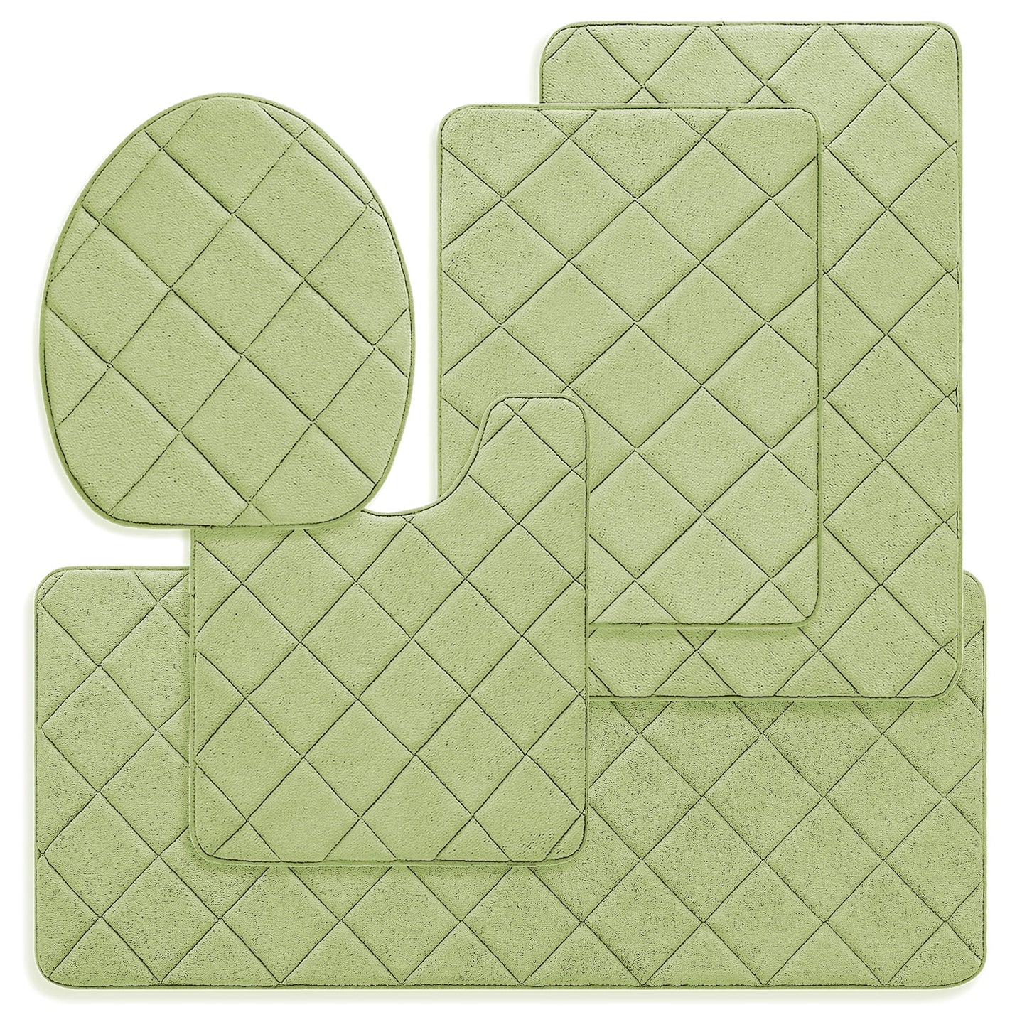 CHAKME Non Slip Machine Washable 5 Piece Bath Rug Set Memory Foam Ultra Absorbent Large 20inx46in & 32inx20in Long 24inx17in Small 18inx16in U Shape Contour 24inx20in Bathroom Mat Rustic Lattice green