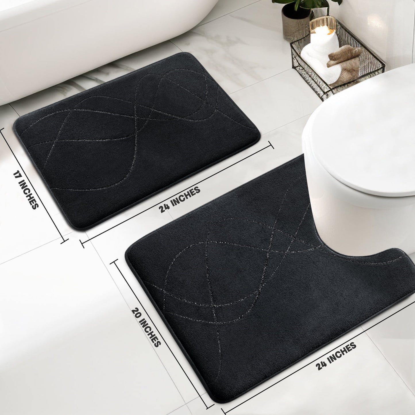 CHAKME Non Slip Memory Foam Bath Rug Set Ultra Absorbent Machine Washable Quick Dry Bathroom Floor Mat U Shape Toilet,Interlocking Spirals black