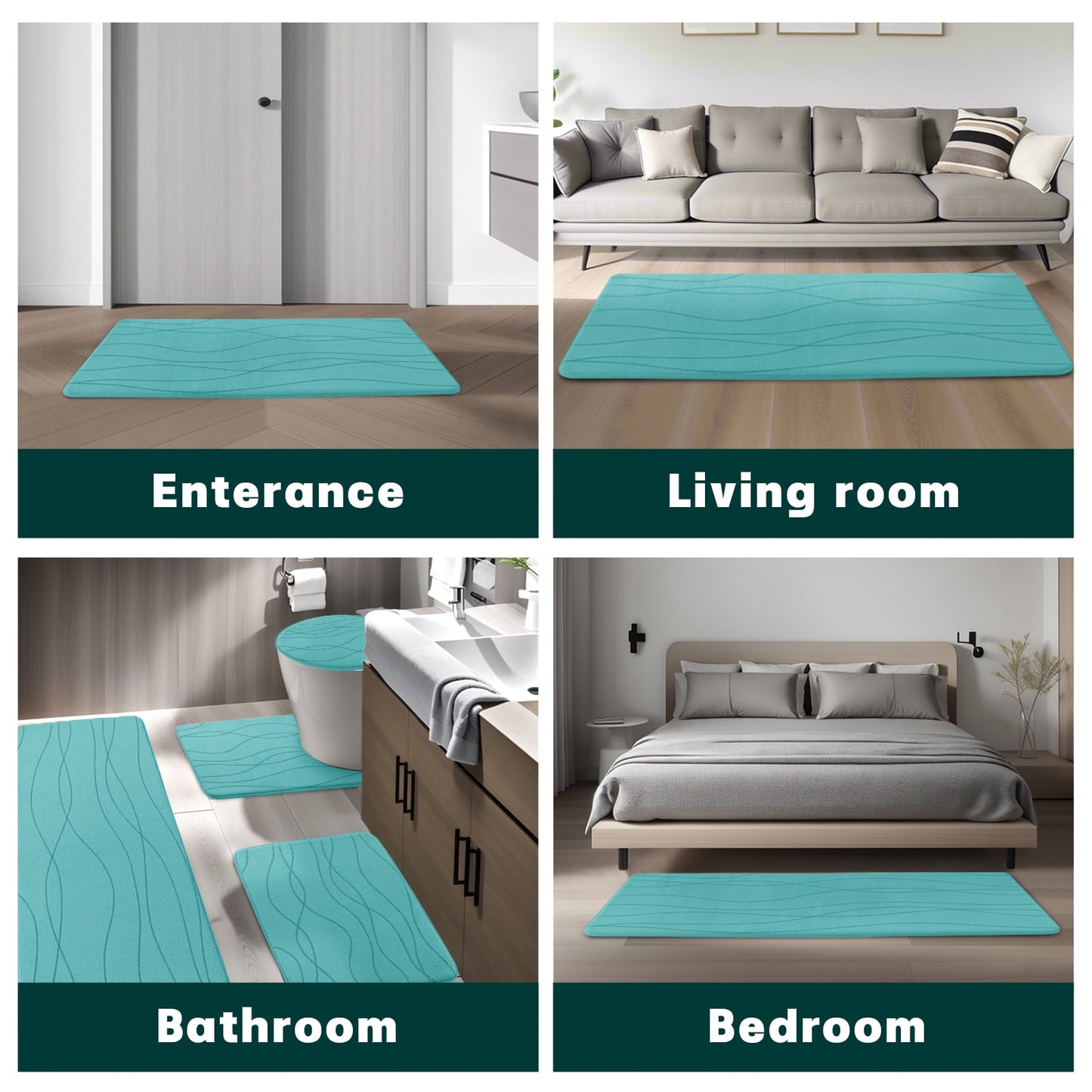 CHAKME 5 Piece Bathroom Rug Set Non Slip Ultra Absorbent Machine Washable Memory Foam Large 20inx46in & 32inx20in Long 24inx17in Small 18inx16in U Shape Contour 24inx20in Toilet Mat Ocean Ripple blue