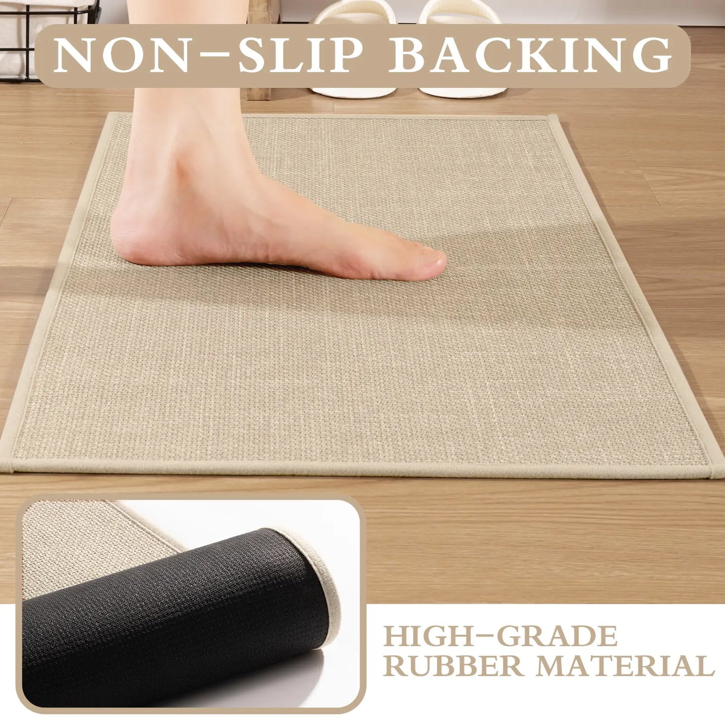 CHAKME 3 Pcs Bathroom Rug Set Thin Non Slip Washable Quick Dry Absorbent U Shaped Toilet Mat Rubber Backing Shower Tub Floor, 17inx24in+17inx32in+U Shape 17.5inx24in BEIGE