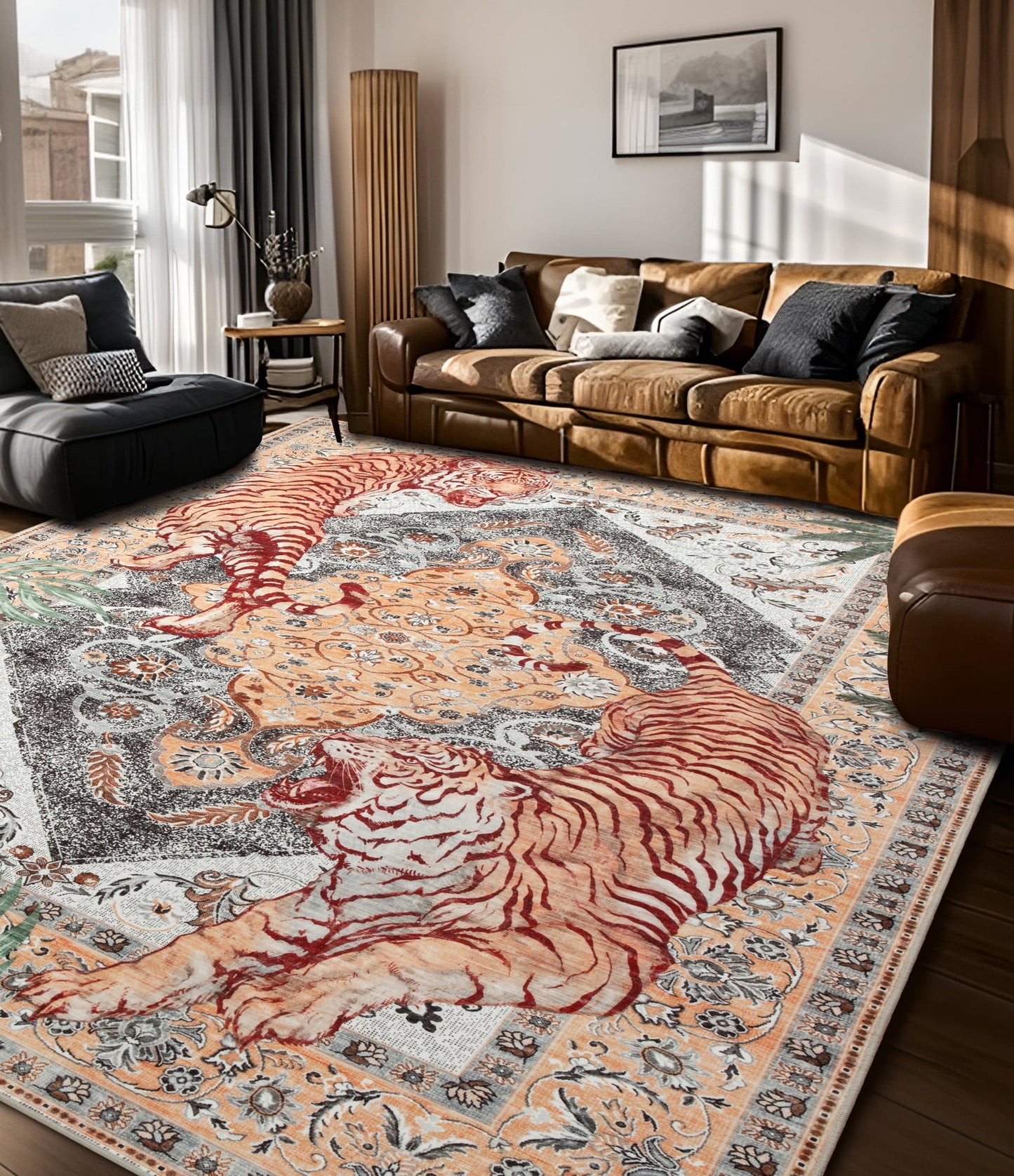 CHAKME 5'x7' Vintage Tiger Area Rugs Non Slip Machine Washable Vintage Boho Carpet Low Pile Print Bedroom Dining Room Home Office Rug,Beige