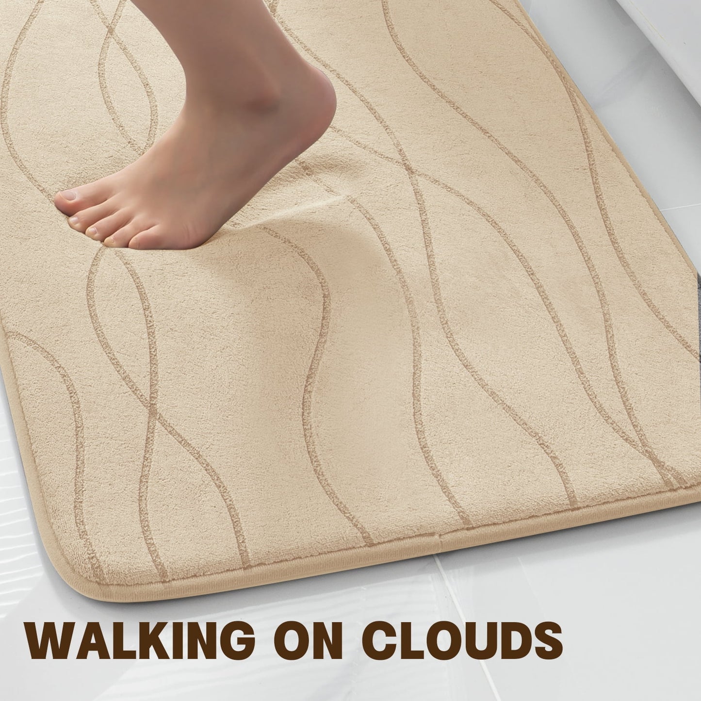 CHAKME 5 Piece Bathroom Rug Set Non Slip Ultra Absorbent Machine Washable Memory Foam Large 20inx46in & 32inx20in Long 24inx17in Small 18inx16in U Shape Contour 24inx20in Toilet Mat Ocean Ripple beige