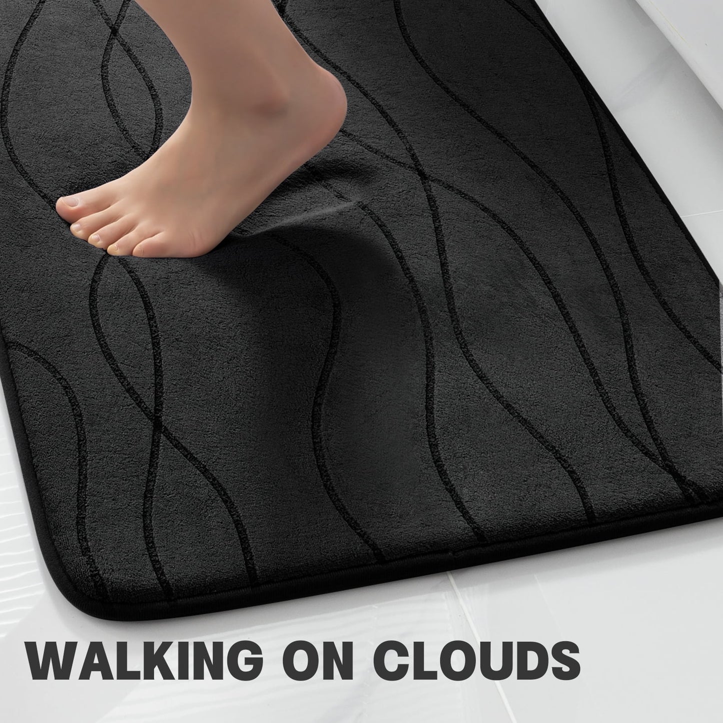 CHAKME 5 Piece Bathroom Rug Set Non Slip Ultra Absorbent Machine Washable Memory Foam Large 20''x46'' & 32''x20'' Long 24''x17'' Small 18''x16'' U Shape Contour 24''x20'' Toilet Mat Ocean Ripple black