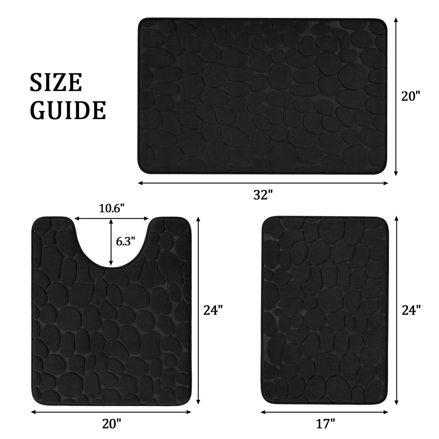 CHAKME Set of 3 Absorbent Memory Foam Bath Mat Set Bathroom Rugs, Pebble Massage Mat black, Large 20inx32in, Small 17inx24in, Contour 24inx20in