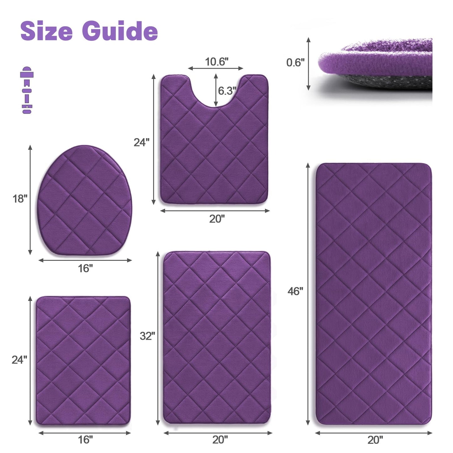 CHAKME Non Slip Machine Washable 5 Piece Bath Rug Set Memory Foam Ultra Absorbent Large 20inx46in & 32inx20in Long 24inx17in Small 18inx16in U Shape Contour 24inx20in Bathroom Mat Rustic Lattice purple