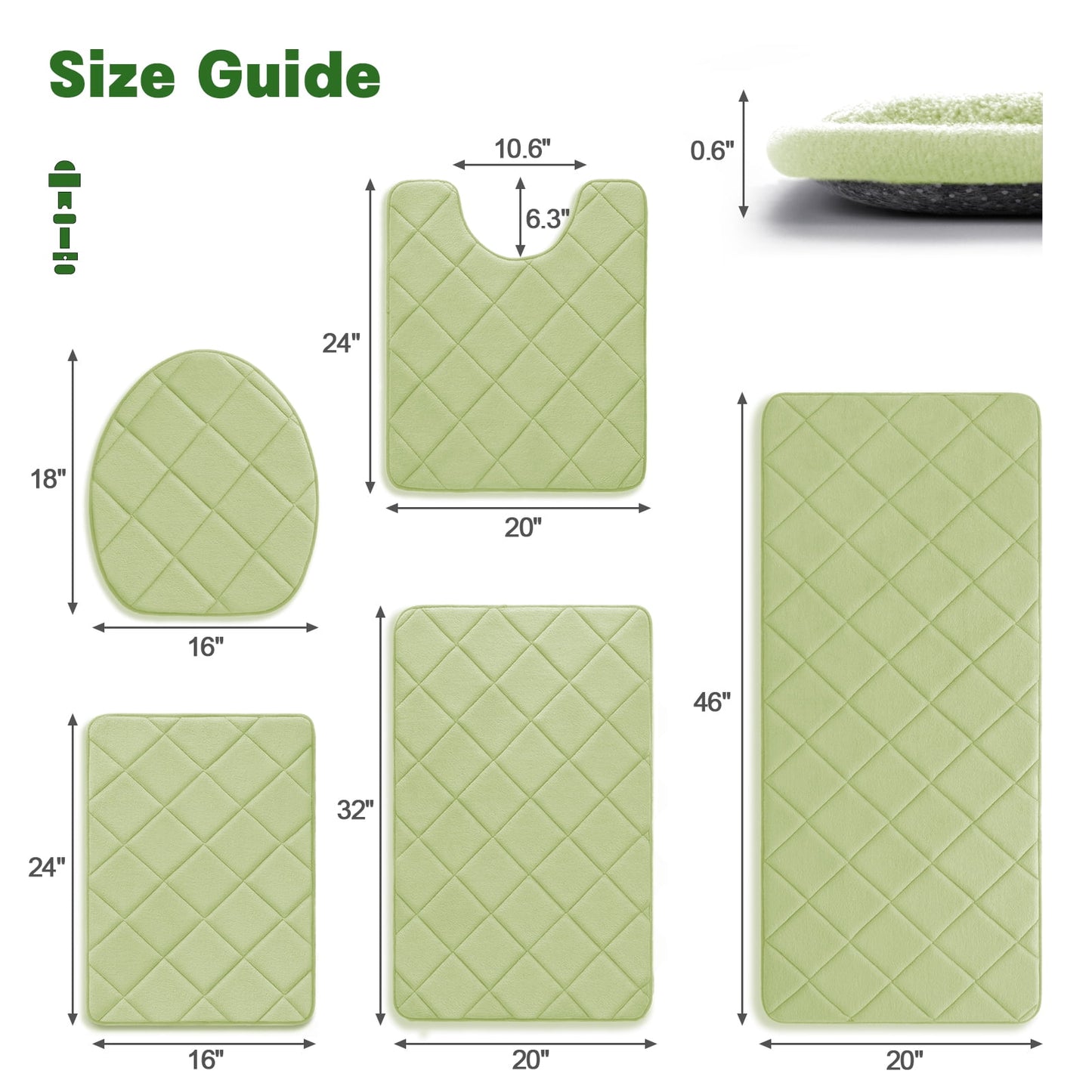 CHAKME Non Slip Machine Washable 5 Piece Bath Rug Set Memory Foam Ultra Absorbent Large 20inx46in & 32inx20in Long 24inx17in Small 18inx16in U Shape Contour 24inx20in Bathroom Mat Rustic Lattice green