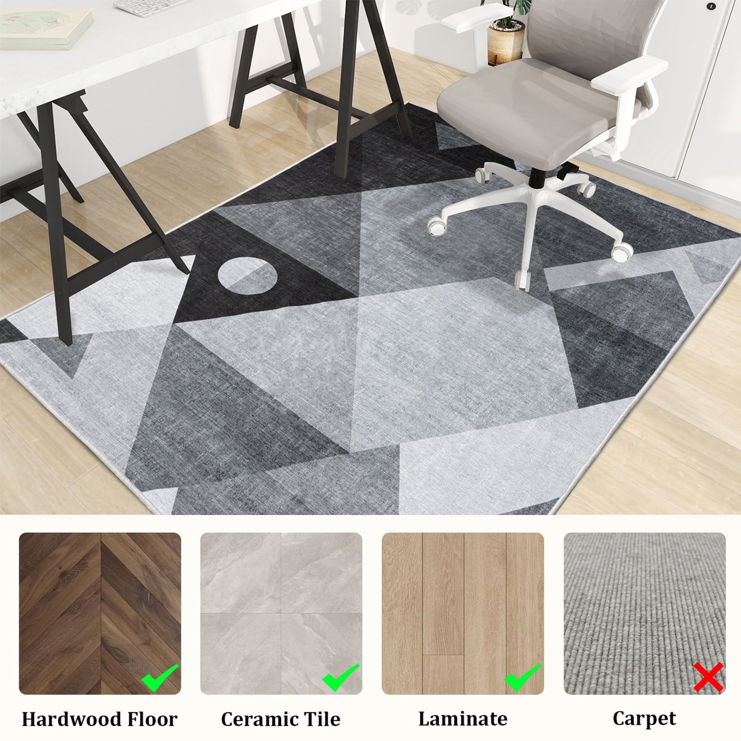 CHAKME Geometric Triangle Office Chair Mat 3'x4' Non Slip Washable Easy Glide Carpet Protector Hardwood Floor Grey White Modern Desk Chair Rug