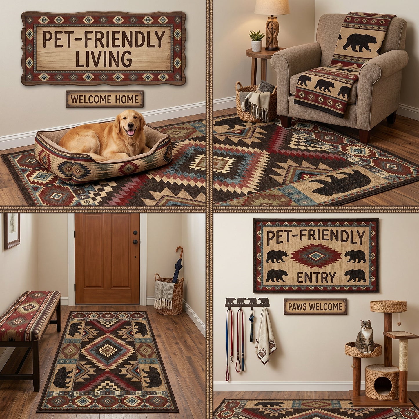 CHAKME 5x7 Washable Southwestern Area Rug, Rustic Cabin Geometric Bear Carpet, Soft Non-Slip Foldable Floor Mat for Living Room Bedroom, Dark Charcoal & Burgundy Red