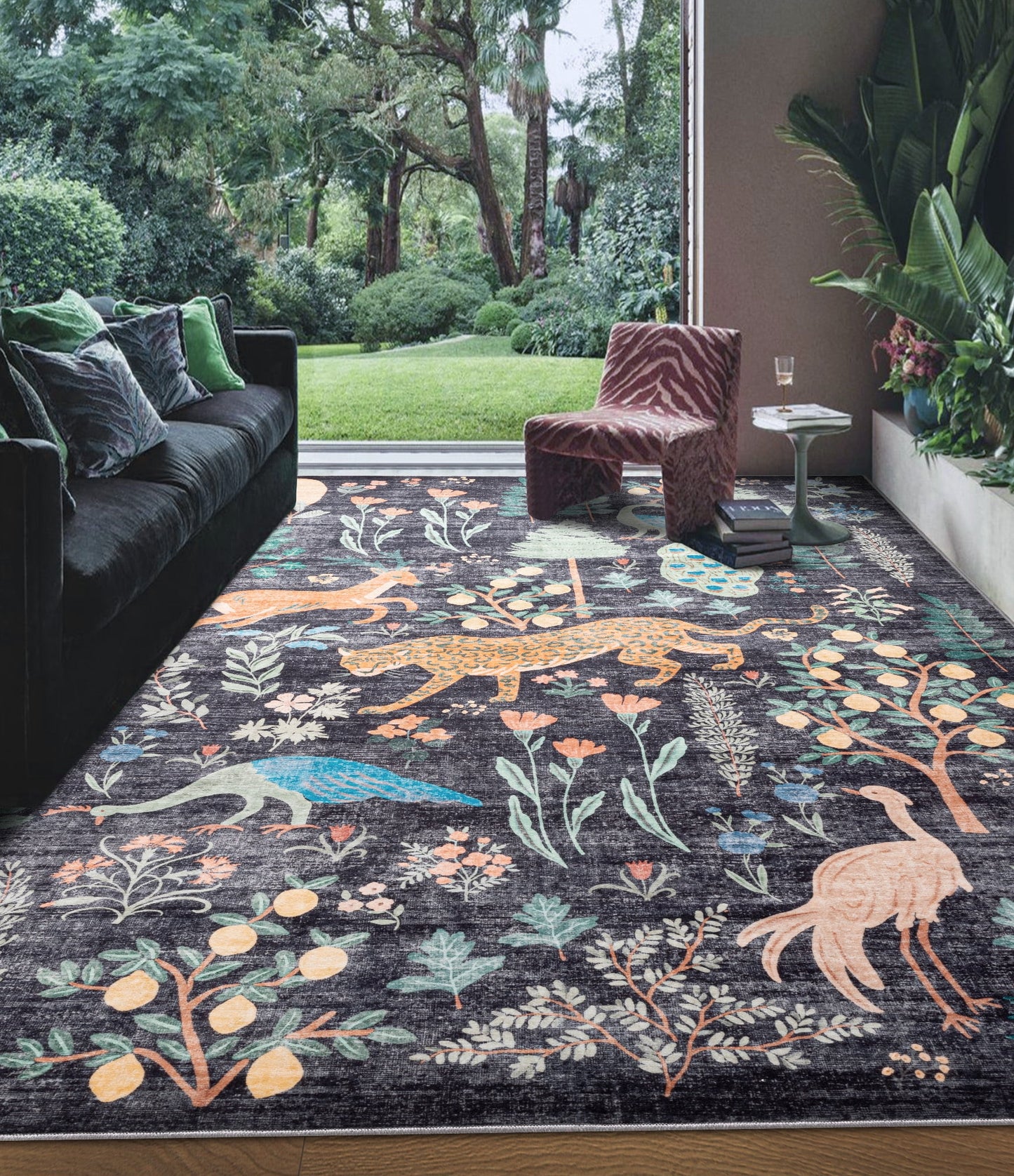 CHAKME 4'x6' Jungle Safari Wild Animal Area Rug Machine Washable Non Slip Leopard Bird Botanical Plant Low Pile Floor Carpet Living Room Dining Room Bedroom