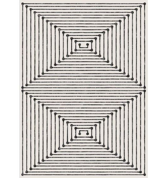Abstract Line Art 9x12 Rug - Washable Geometric Spiral Floor Mat, Soft Non-Slip Vintage Boho Carpet for Living Room Bedroom, Black & Cream
