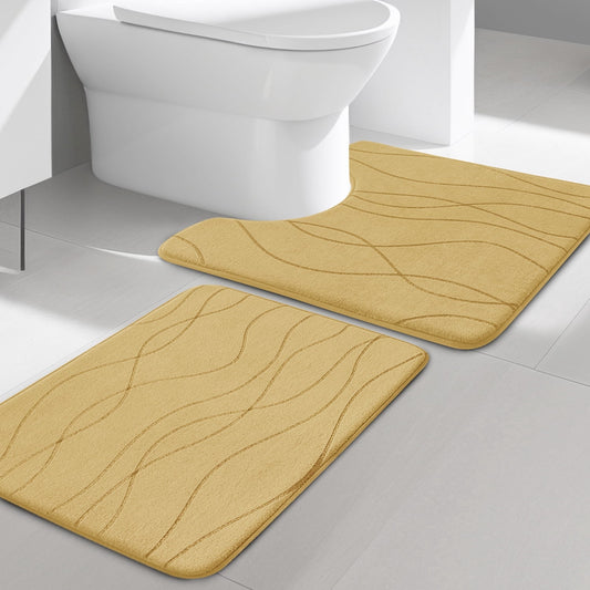 CHAKME 2 Piece Memory Foam Bath Mat Set Non Slip Ultra Absorbent Machine Washable U Shape Toilet Rug Bathroom Floor 24inx20in/24inx16in,Ocean Ripple Beige
