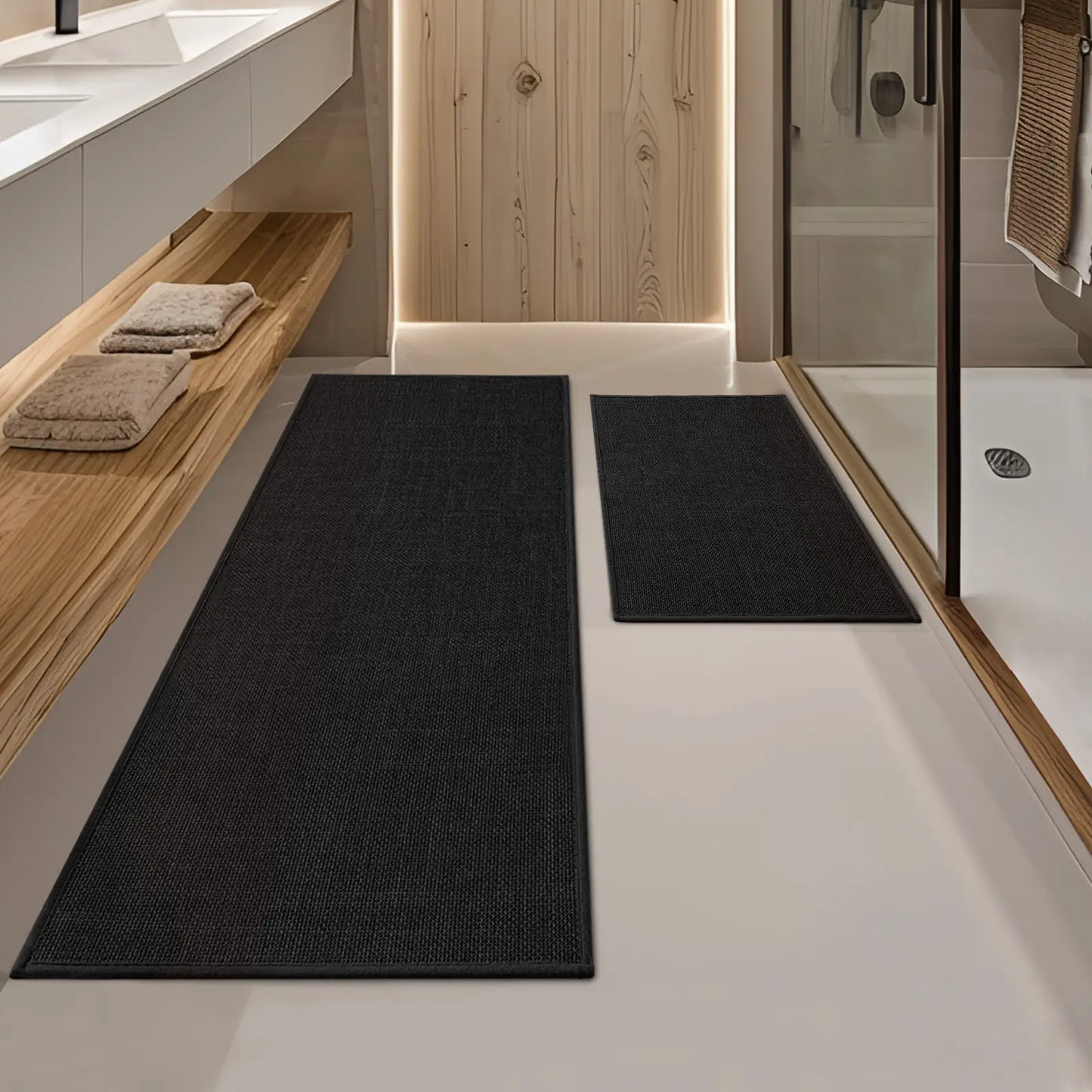 CHAKME 2 Piece Thin Bathroom Rug Set Non Slip Super Absorbent Quick Dry Machine Washable Bath Mat Rubber Backing, 17inx24in+17inx47in BLACK