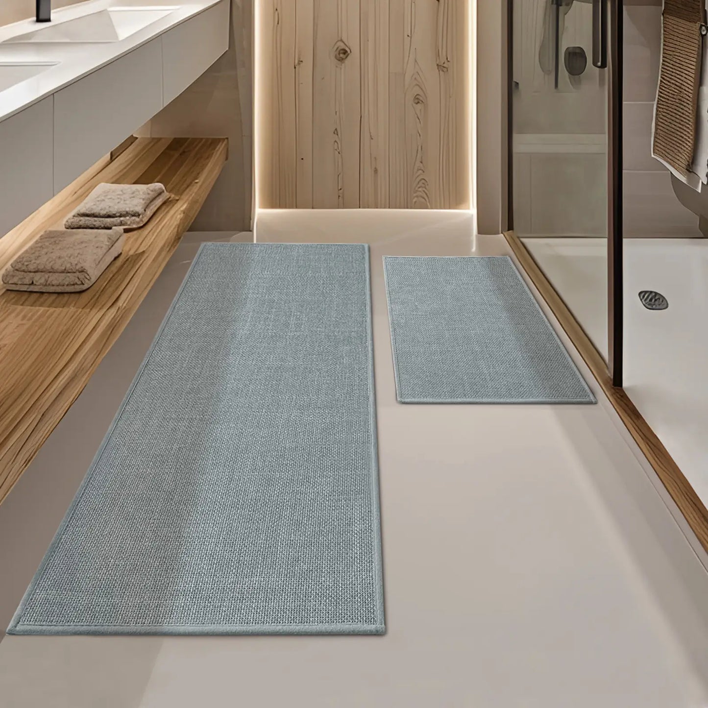 CHAKME 2 Piece Thin Bathroom Rug Set Non Slip Super Absorbent Quick Dry Machine Washable Bath Mat Rubber Backing, 17inx24in+17inx47in LIGHT GRAY