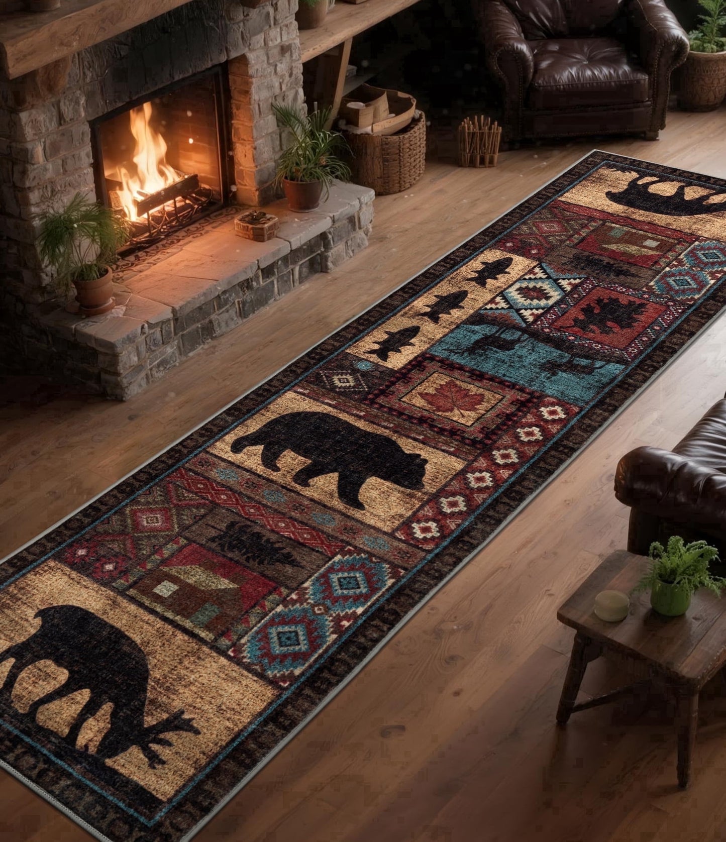 CHAKME 2'x8' Rustic Cabin Lodge Area Rug Machine Washable Non Slip Bear Deer Southwestern Pattern Low Pile Floor Mat Living Room Bedroom