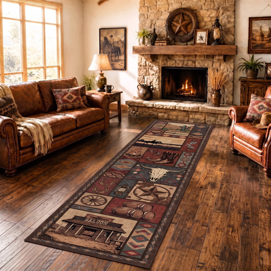 CHAKME 2'x8' Western Cowboy Area Rug Rustic Southwestern Cabin Lodge Decor Machine Washable Non-Slip Low Pile Floor Mat Vintage Cactus Bull Skull Saloon Design Carpet for Living Room Bedroom