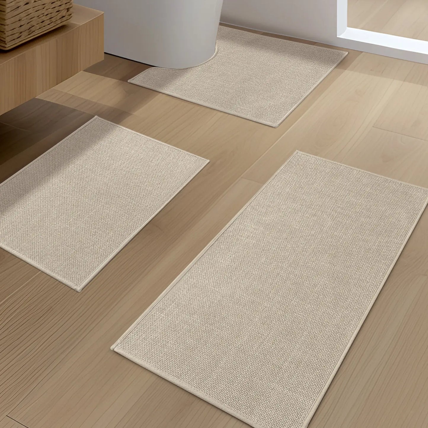 CHAKME 3 Pcs Bathroom Rug Set Thin Non Slip Washable Quick Dry Absorbent U Shaped Toilet Mat Rubber Backing Shower Tub Floor, 17inx24in+17inx32in+U Shape 17.5inx24in BEIGE