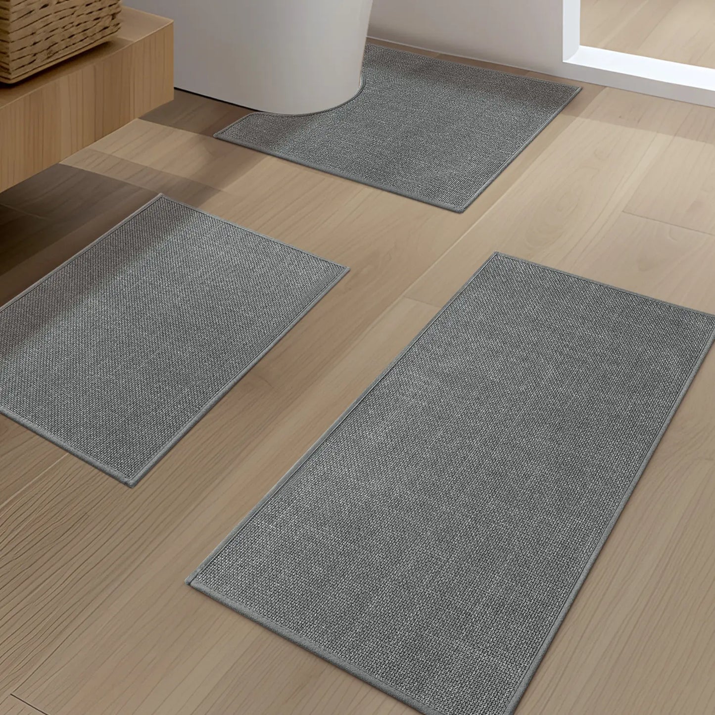 CHAKME 3 Pcs Bathroom Rug Set Thin Non Slip Washable Quick Dry Absorbent U Shaped Toilet Mat Rubber Backing Shower Tub Floor, 17inx24in+17inx32in+U Shape 17.5inx24in DARK GRAY