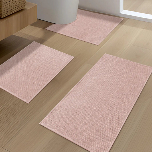 CHAKME 3 Piece Bathroom Rug Set Non Slip Washable Thin Super Absorbent Quick Dry U Shaped Toilet Mat Rubber Backing Shower Tub Floor, 17inx24in+17inx32in+U Shape 17.5inx24in PINK