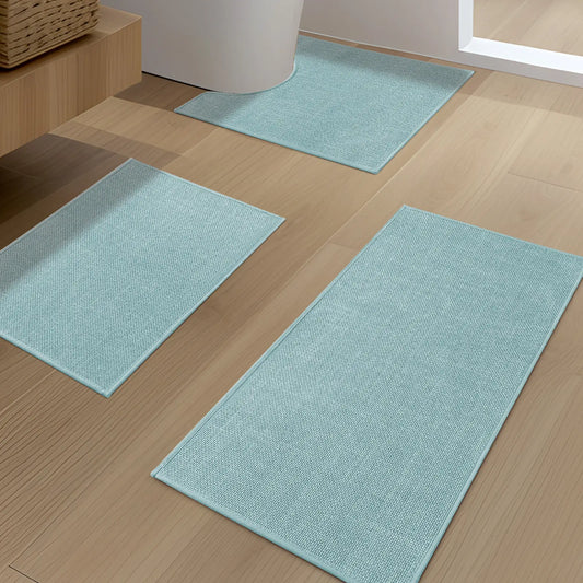 CHAKME 3 Piece Super Absorbent Bathroom Rug Set Non Slip Machine Washable Thin Quick Dry U Shape Contour Mat Rubber Backing Shower Floor, 17inx24in+17inx32in+U Shape 17.5inx24in BLUE