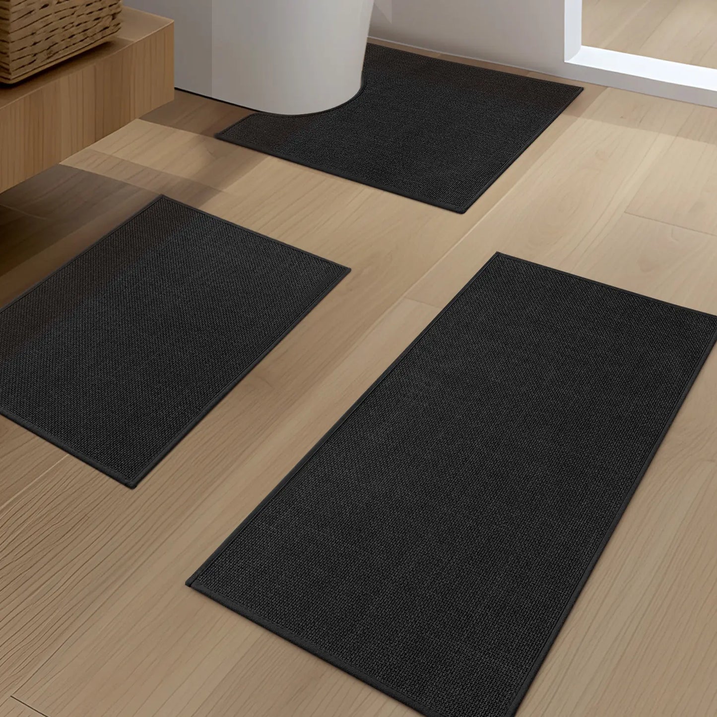 CHAKME 3 Piece Thin Bathroom Rug Set Non Slip Super Absorbent Quick Dry Machine Washable U Shape Bath Mat Rubber Backing, 17inx24in+17inx32in+U Shape 17.5inx24in BLACK