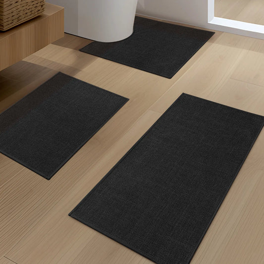 CHAKME 3 Piece Thin Bathroom Rug Set Non Slip Super Absorbent Quick Dry Machine Washable U Shape Bath Mat Rubber Backing, 17inx24in+17inx32in+U Shape 17.5inx24in BLACK