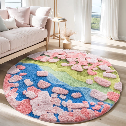 CHAKME 3D 5FT Round Area Rug Cute Green Grass Machine Washable Non-Slip Carpet Soft Fluffy Living Bedroom Nursery Room Bathroom rug,Spring