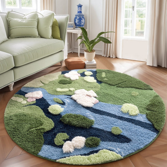 CHAKME 3D-Round Area Rug Cute Green Grass Machine Washable Non-Slip Carpet Fluffy Living Bedroom Nursery Room Bathroom ,Summer