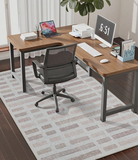 CHAKME 4' X 5' Beige Block Office Chair Mat Hardwood Floor Desk Chair Mat Anti Slip Floor Protector Under Desk Low Pile Office Rug Home