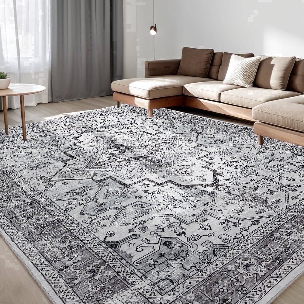 CHAKME 4'x6' Area Rugs Living Room Bedroom Ultra Thin Soft Washable Oriental Vintage Floral Carpet Distressed Rug Indoor Room Dorm Home Carpets Decor,GRAY