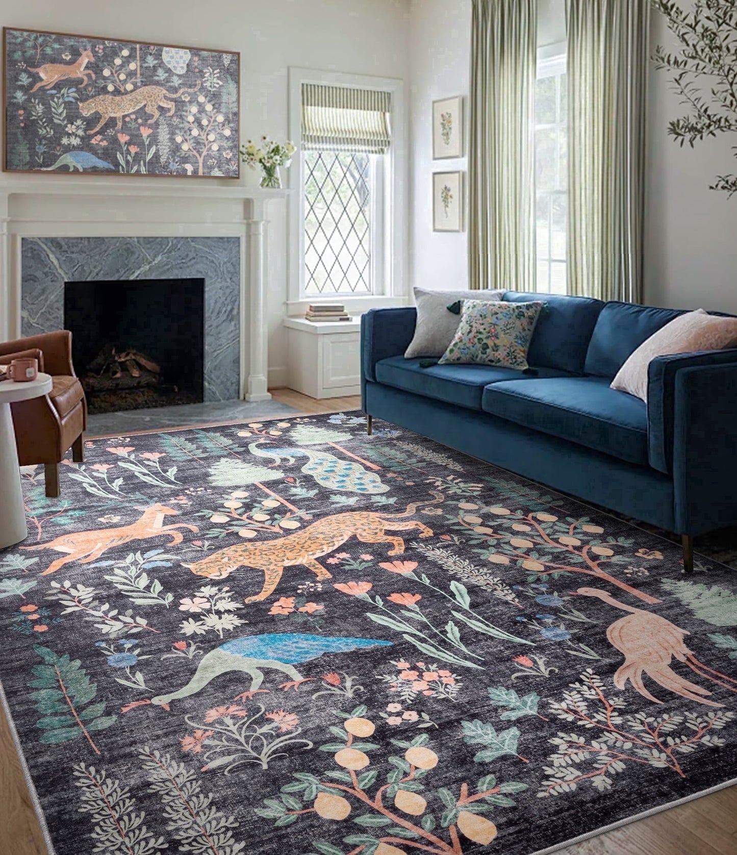 CHAKME 4'x6' Jungle Safari Wild Animal Area Rug Machine Washable Non Slip Leopard Bird Botanical Plant Low Pile Floor Carpet Living Room Dining Room Bedroom