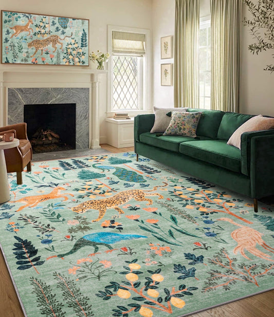 CHAKME 4'x6' Jungle Safari Wild Animal Area Rug Machine Washable Non Slip Leopard Bird Botanical Plant Low Pile Floor Carpet Living Room Dining Room Bedroom