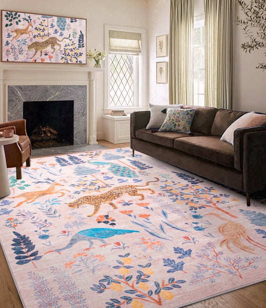 CHAKME 4'x6' Jungle Safari Wild Animal Area Rug Machine Washable Non Slip Leopard Bird Botanical Plant Low Pile Floor Carpet Living Room Dining Room Bedroom