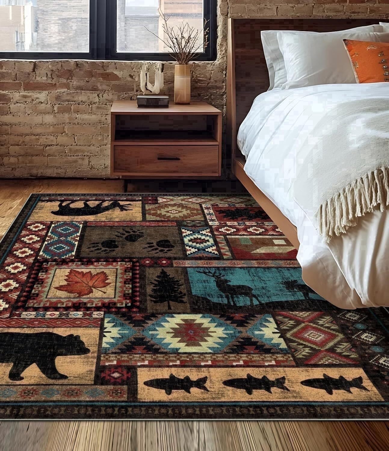 CHAKME 4'x6' Rustic Cabin Lodge Area Rug Machine Washable Non Slip Bear Deer Southwestern Pattern Low Pile Floor Mat Living Room Bedroom