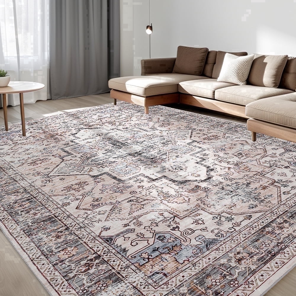 CHAKME 4'x6' Washable Area Rug Large Soft Rugs Living Room Vintage Beige Carpet Bedroom Dining Room Non-Slip Stain Resistant Under Table Rug