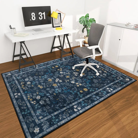 CHAKME 48in X 60in Navy Blue Floral Protective Flooring Office Chair Mat Hardwood Floor Tile Floor Heavy Duty Desk Chair Mat Carpet Anti Slip Office Floor Mat Rolling Chairs Low Pile Under Desk Rug