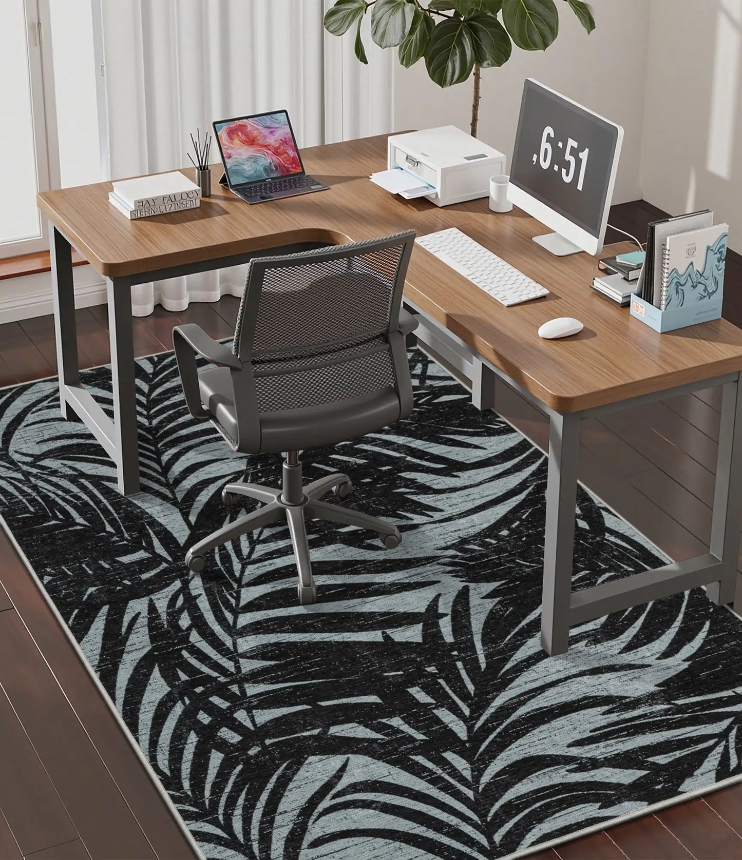 CHAKME 48inx60in Black White Tropical Leaf Desk Chair Mat, Anti Slip Low Pile for Hardwood/Tile Floor