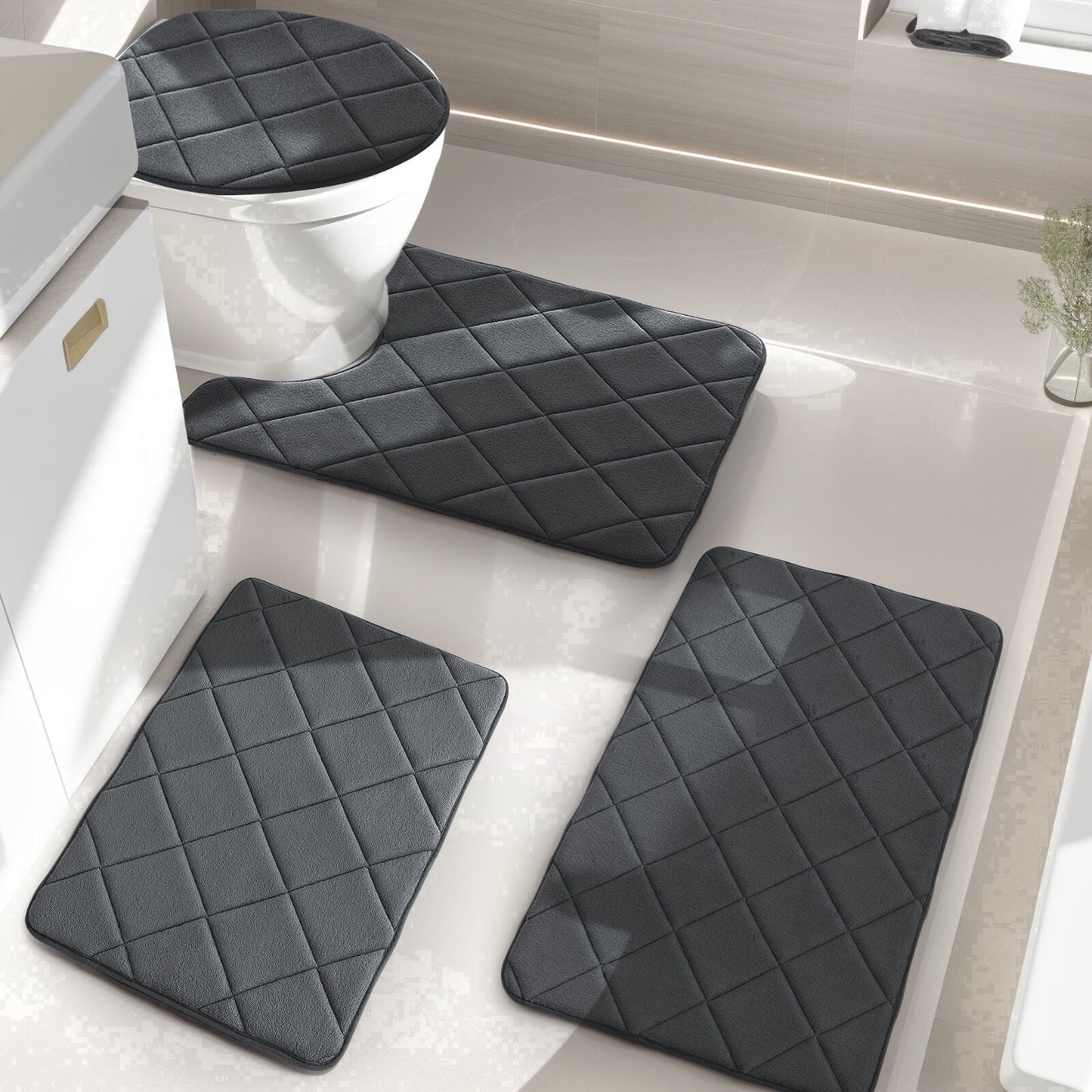 CHAKME 4pcs Bathroom Rugs Set with U-Shaped Mat, Non Slip, Quick Drying, Ultra Soft and Water Absorbent Bath Rug Mat Carpet Machine Washable 20inx32in+17inx24in+U 20inx24in+15inx18in GRAY