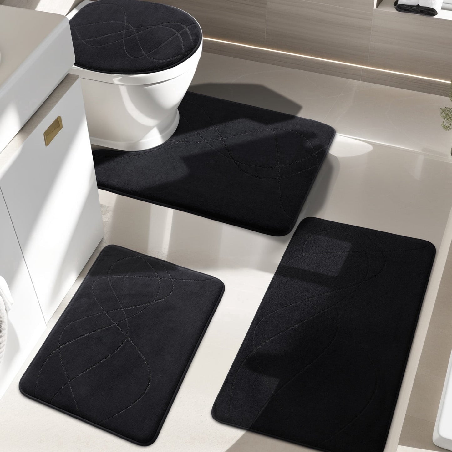 CHAKME 4pcs Bathroom Rugs Set with U-Shaped Mat, Non Slip, Quick Drying, Ultra Soft and Water Absorbent Bath Rug Mat Carpet Machine Washable 20inx32in+17inx24in+U 20inx24in+15inx18in BLACK/plus
