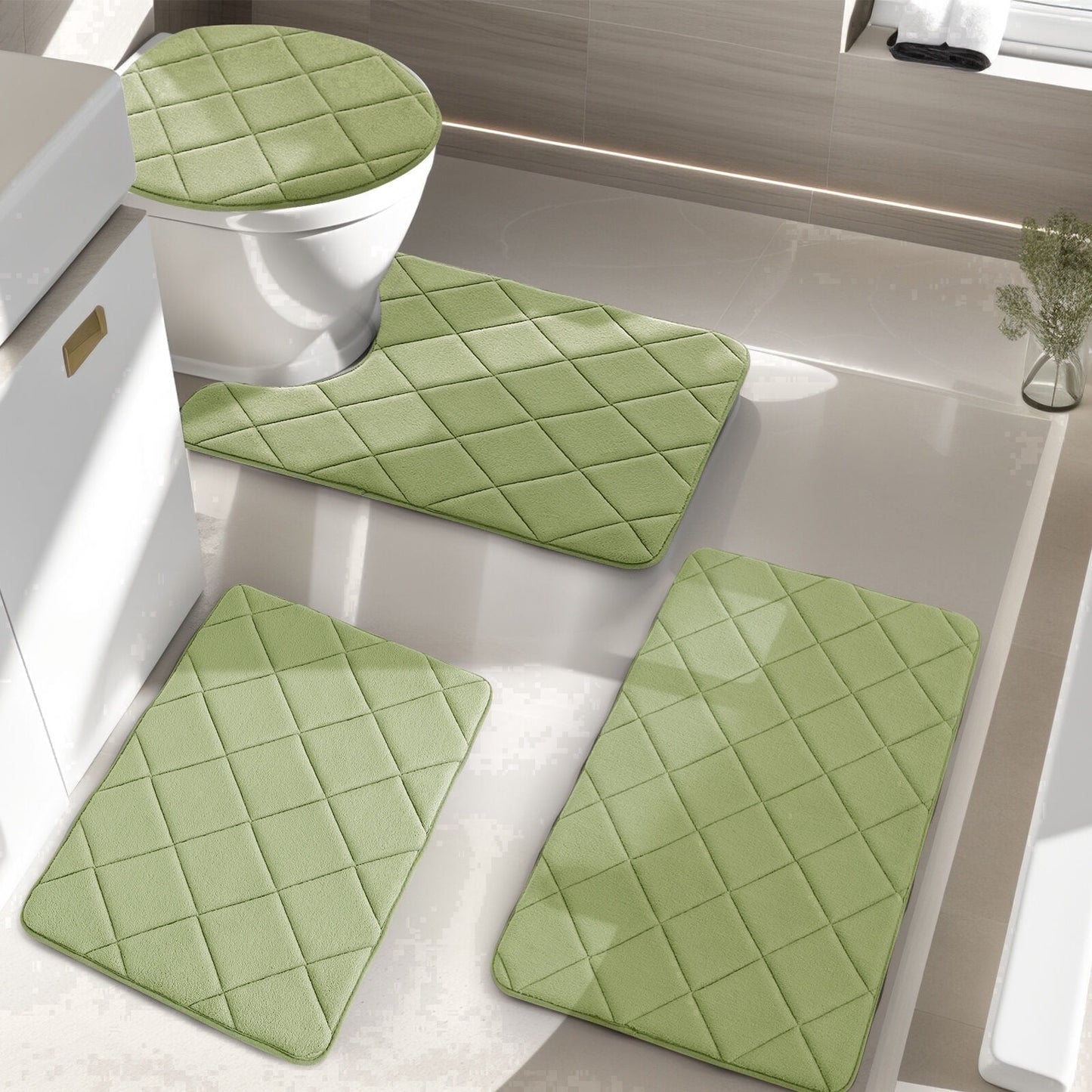 CHAKME 4pcs Bathroom Rugs Set with U-Shaped Mat, Non Slip, Quick Drying, Ultra Soft and Water Absorbent Bath Rug Mat Carpet Machine Washable 20inx32in+17inx24in+U 20inx24in+15inx18in GREEN