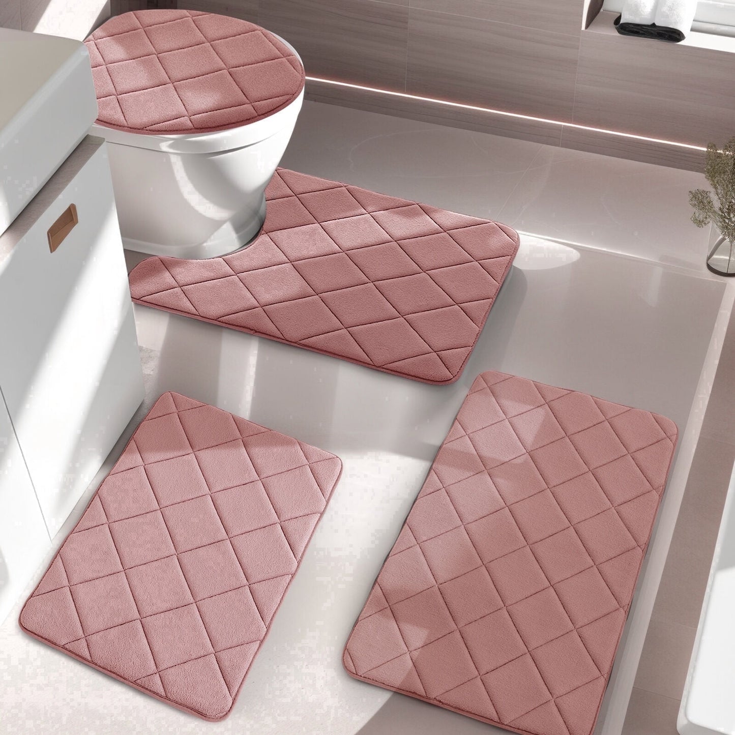 CHAKME 4pcs Bathroom Rugs Set with U-Shaped Mat, Non Slip, Quick Drying, Ultra Soft and Water Absorbent Bath Rug Mat Carpet Machine Washable 20inx32in+17inx24in+U 20inx24in+15inx18in PINK