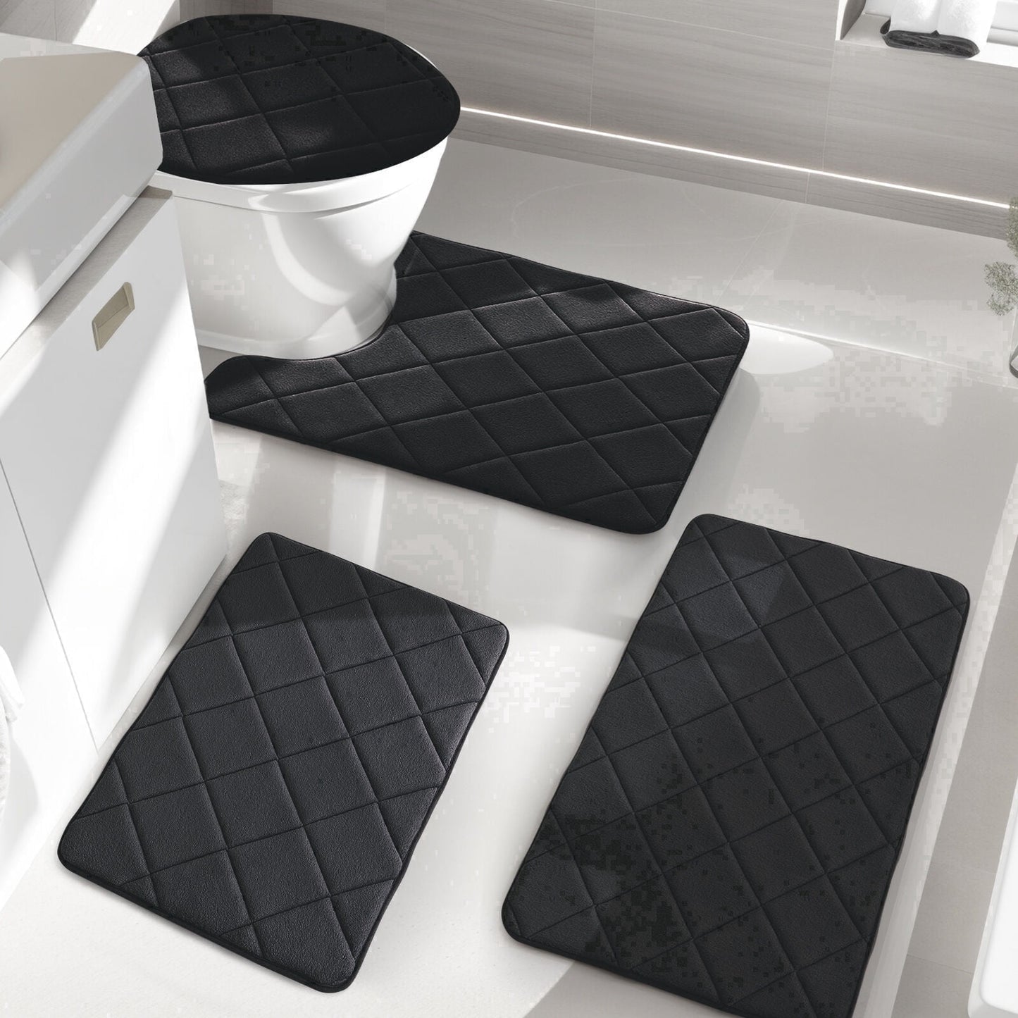 CHAKME 4pcs Bathroom Rugs Set with U-Shaped Mat, Non Slip, Quick Drying, Ultra Soft and Water Absorbent Bath Rug Mat Carpet Machine Washable 20inx32in+17inx24in+U 20inx24in+15inx18in BLACK