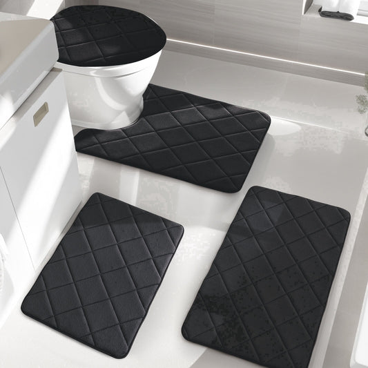 CHAKME 4pcs Bathroom Rugs Set with U-Shaped Mat, Non Slip, Quick Drying, Ultra Soft and Water Absorbent Bath Rug Mat Carpet Machine Washable 20inx32in+17inx24in+U 20inx24in+15inx18in BLACK