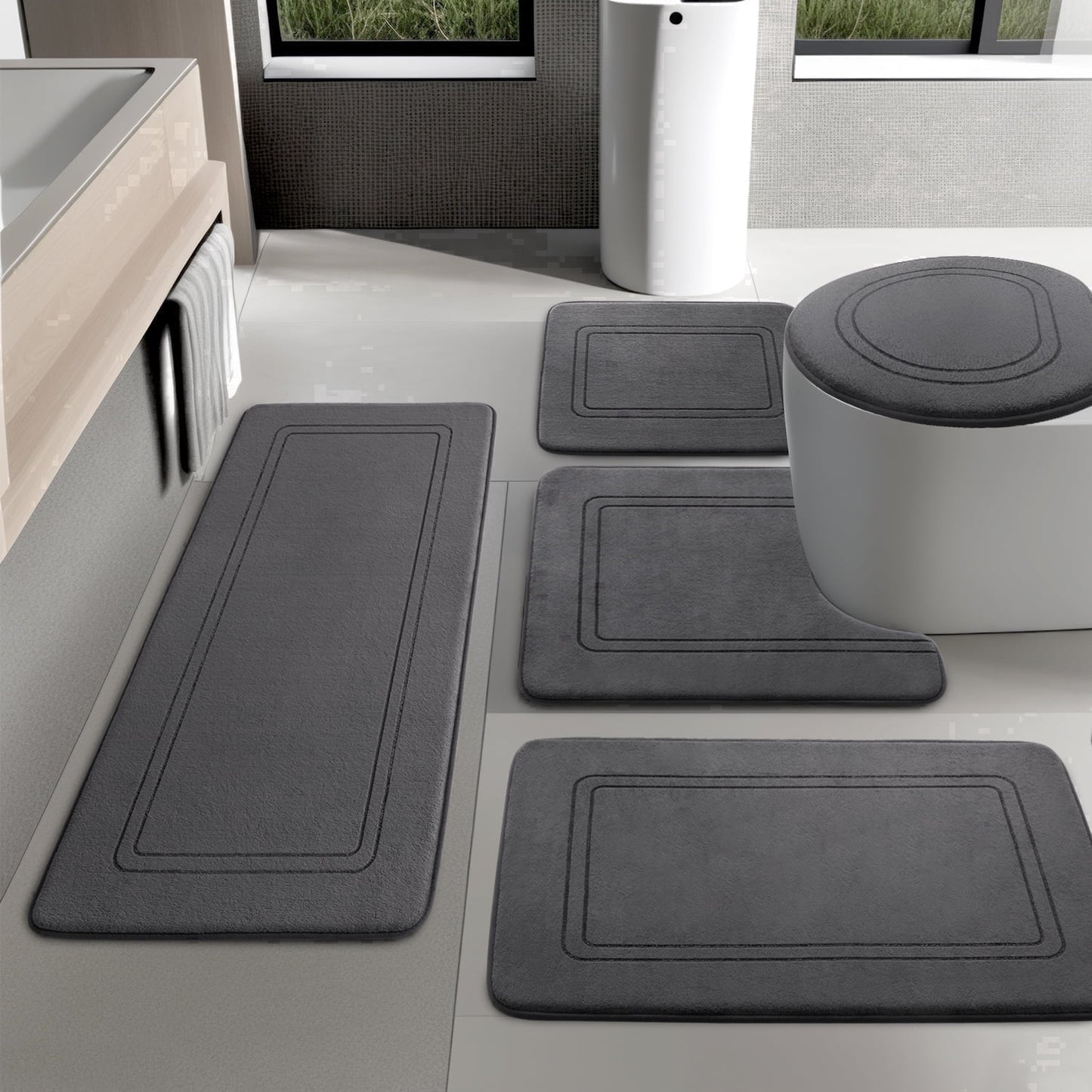 CHAKME 5 Pc Memory Foam Bath Mat Set: 20inx46in,32inx20in,24inx17in,18inx16in,U Shaped 24inx20in. Non Slip, Machine Washable, Super Absorbent, Classic Greek Key, Dark Gray.