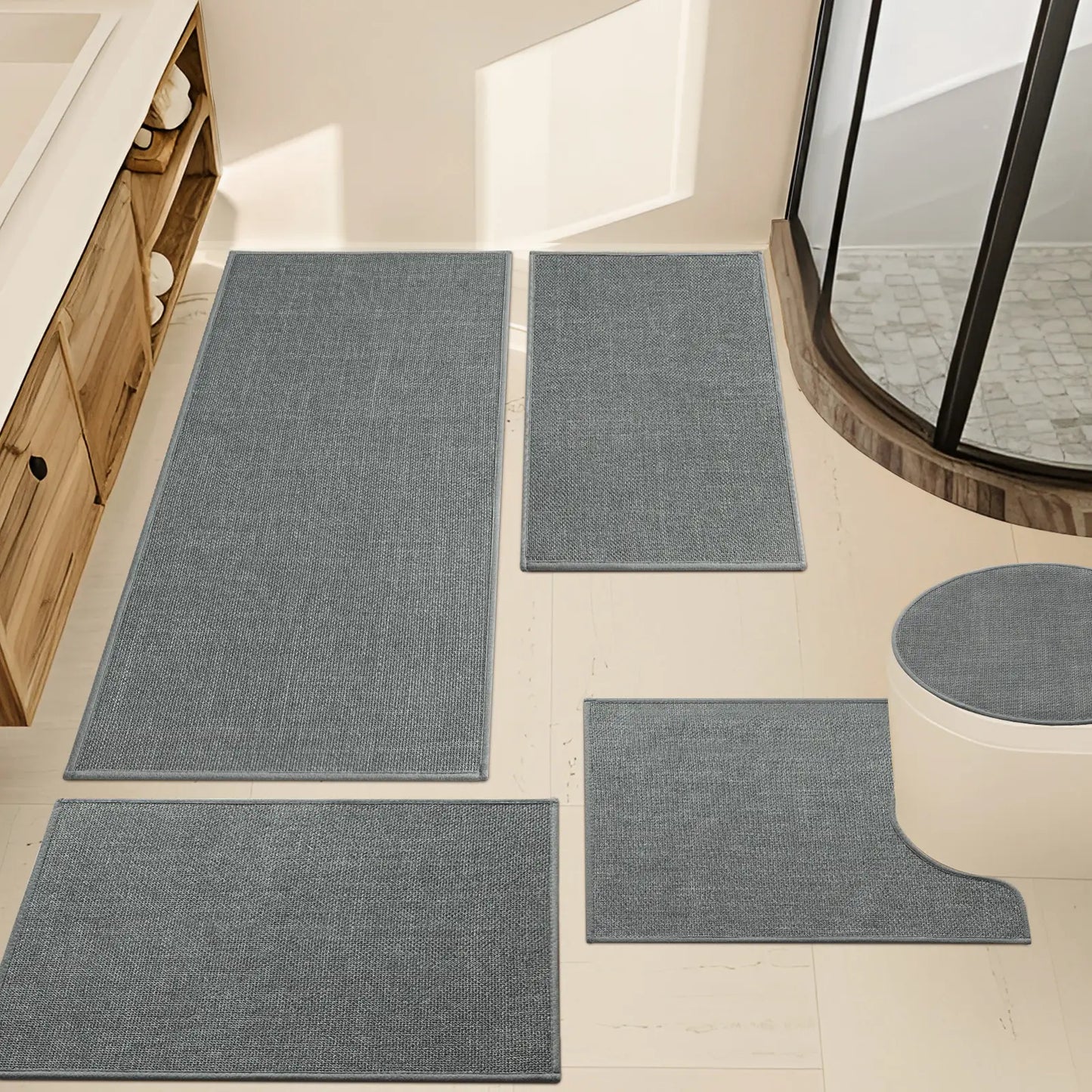 CHAKME 5 Pcs Bathroom Rug Set Thin Non Slip Washable Quick Dry Absorbent Bath Mat Rubber Backing Shower Tub Floor Toilet Rugs DARK GRAY