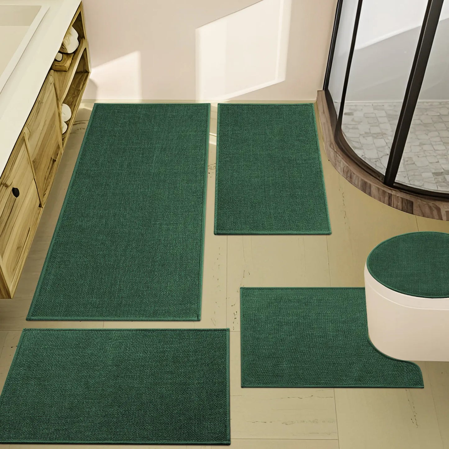 CHAKME 5 Pcs Bathroom Rug Set Thin Non Slip Washable Quick Dry Absorbent Bath Mat Rubber Backing Shower Tub Floor Toilet Rugs GREEN