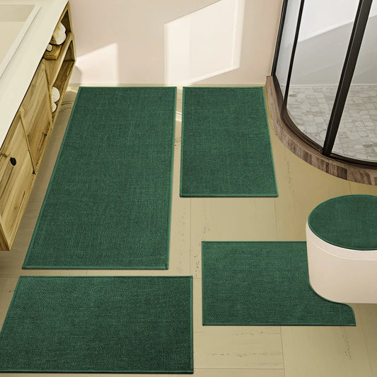 CHAKME 5 Pcs Bathroom Rug Set Thin Non Slip Washable Quick Dry Absorbent Bath Mat Rubber Backing Shower Tub Floor Toilet Rugs GREEN