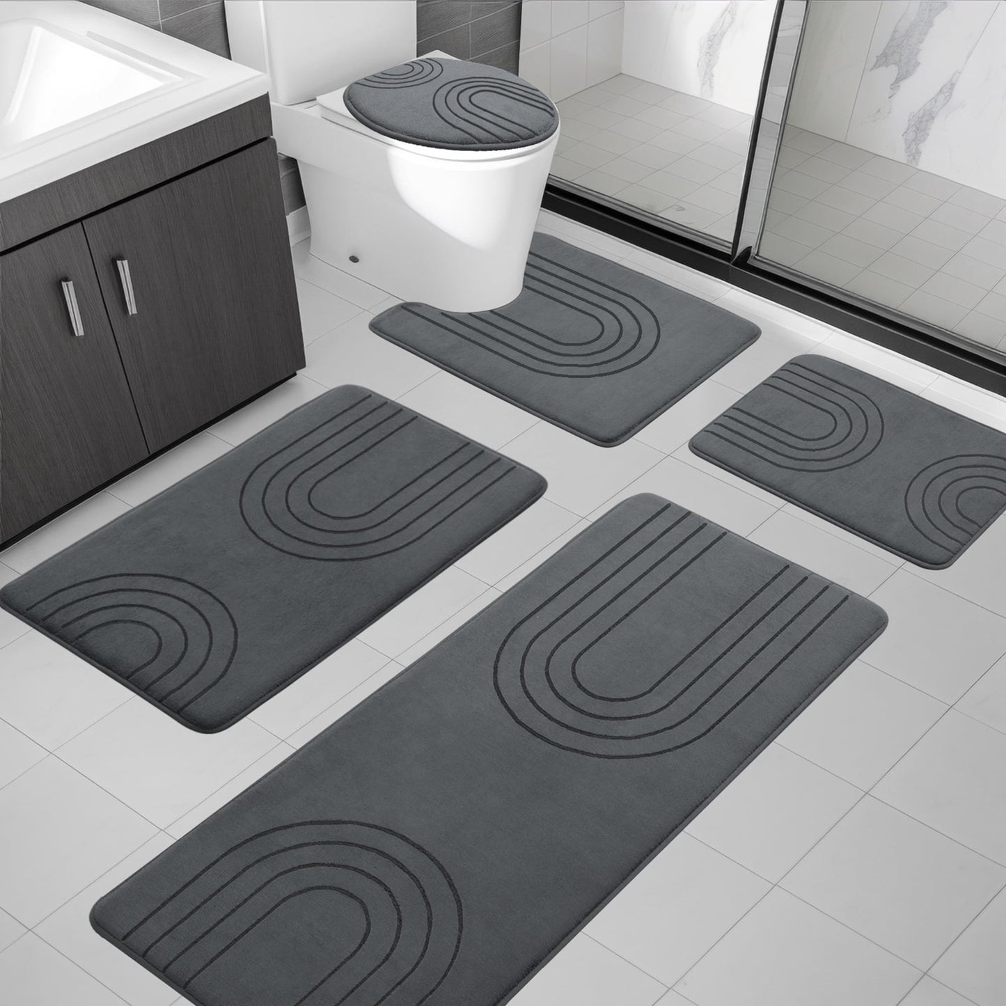 CHAKME 5 Pcs Bathroom Rugs Set Non Slip Absorbent Machine Washable Large 20inx46in & 32inx20in Long 24inx17in Small 18inx16in U Shaped 24inx20in Memory Foam Toilet Mat, 2U Dark gray