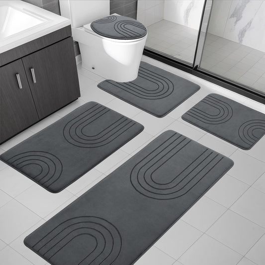 CHAKME 5 Pcs Bathroom Rugs Set Non Slip Absorbent Machine Washable Large 20inx46in & 32inx20in Long 24inx17in Small 18inx16in U Shaped 24inx20in Memory Foam Toilet Mat, 2U Dark gray